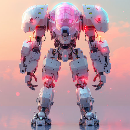 3D rendering of a robot in the sky with sunset light.の素材