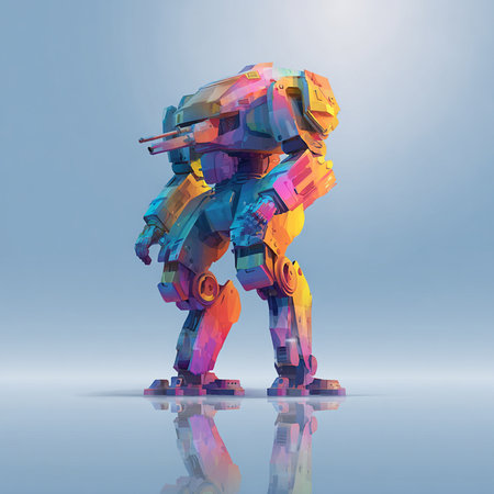 3D rendering of a robot on a blue background with a reflectionの素材