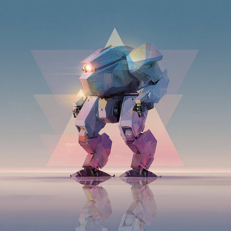 Robot with light bulb, low polygon style, 3d illustrationの素材