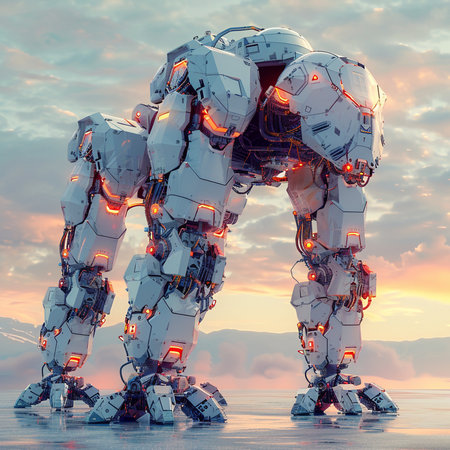 3D rendering of a robot in front of a cloudy sky.の素材