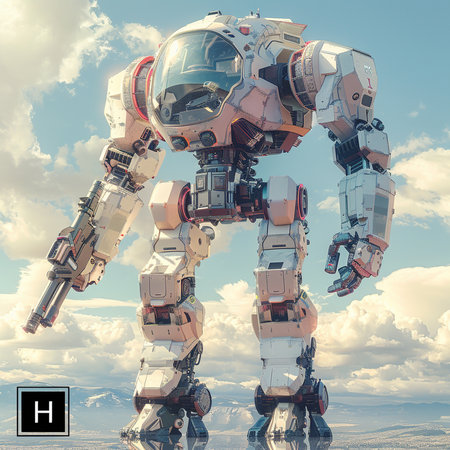 3D rendering of a robot on a background of the sky.の素材