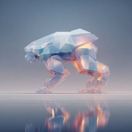 3d render of polygonal figure with reflection on water surfaceの素材