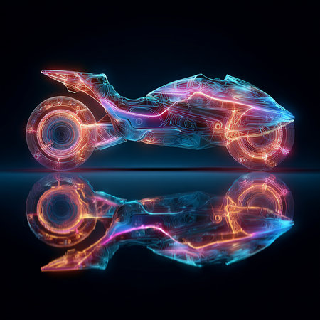 3D rendering of a futuristic motorcycle isolated on black background with reflectionの素材