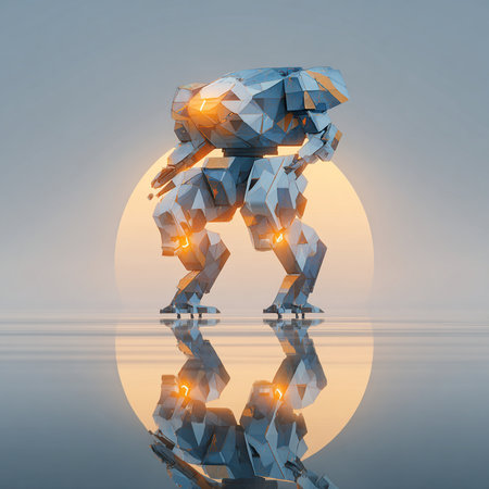 Polygonal figure skating on the lake at sunset. 3d illustrationの素材