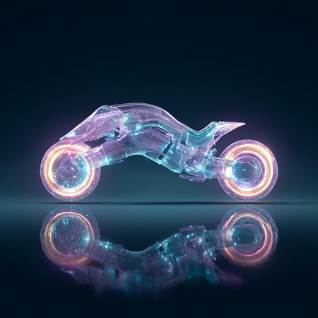 3d illustration of neon motorbike on a dark background with reflectionの素材