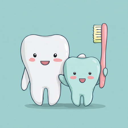 Cute cartoon tooth with toothbrush and toothpaste. Vector illustration.の素材