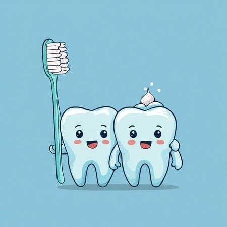 Cute cartoon tooth character with toothbrush isolated on blue background. Vector illustration.の素材