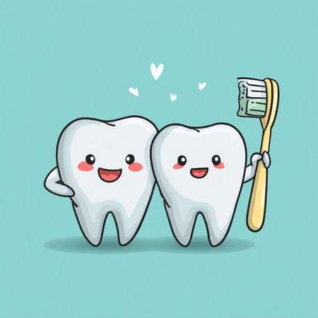 Cute cartoon tooth with toothbrush and toothpaste. Vector illustration.の素材