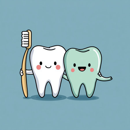 Cute cartoon tooth with toothbrush and toothpaste. Vector illustration.の素材