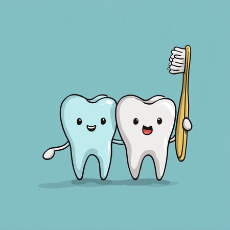 Cute cartoon tooth character with toothbrush and toothpaste on blue backgroundの素材