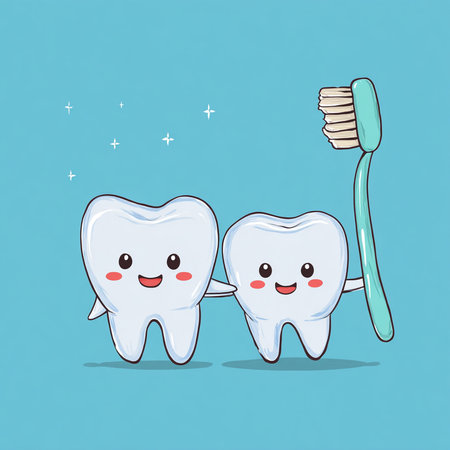 Cute cartoon tooth with toothpaste and toothbrush. Vector illustration.の素材