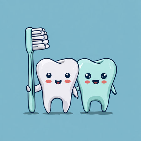 Cute cartoon tooth character with toothbrush and toothpaste. Vector illustration.の素材