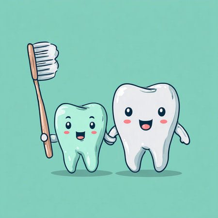 Cute cartoon tooth characters with toothbrush and toothpaste. Vector illustration.の素材