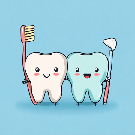 Cute cartoon tooth character with toothbrush and toothpaste on blue backgroundの素材