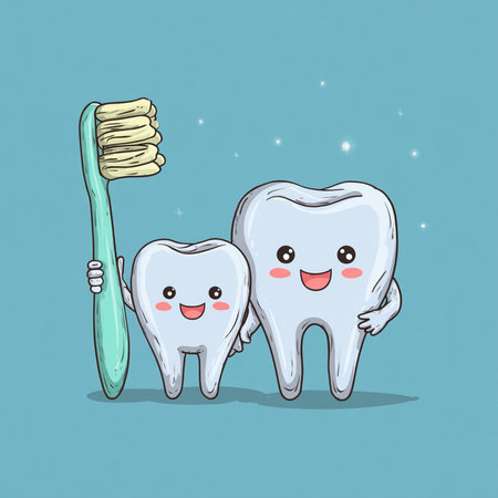 Cute cartoon tooth character with toothbrush and toothpaste vector illustrationの素材