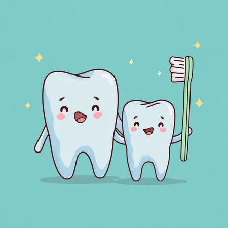 Cute cartoon tooth character with toothbrush and toothpaste. Vector illustration.の素材