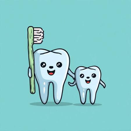 Cute cartoon tooth character with toothbrush and toothpaste. Vector illustration.の素材