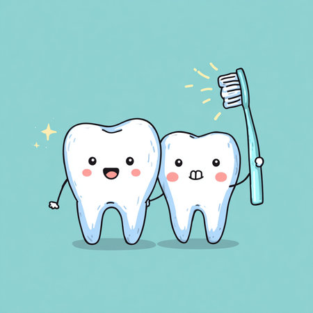 Cute cartoon tooth character with toothbrush and toothpaste. Vector illustration.の素材