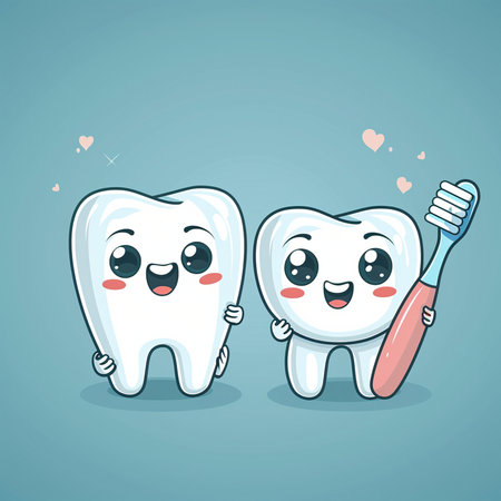 Cute cartoon tooth character with toothbrush and toothpaste. Vector illustration.の素材