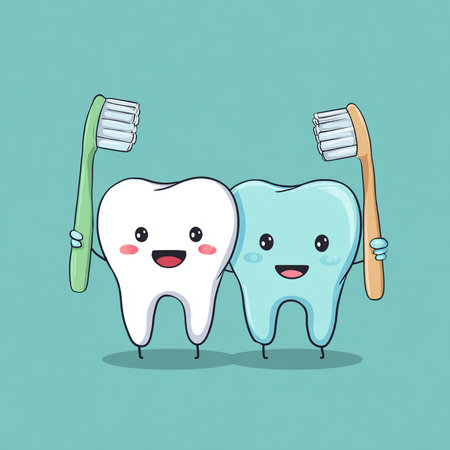 Cute cartoon tooth character with toothbrush. Dental care conceptの素材
