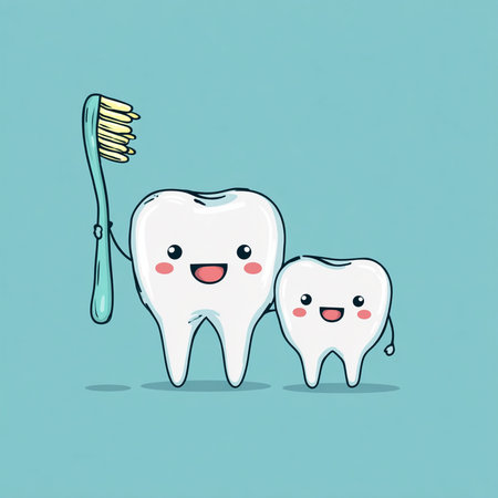 cute cartoon tooth with toothbrush and toothpaste on blue backgroundの素材