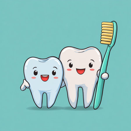 Cute cartoon tooth character with toothbrush. Dental care conceptの素材