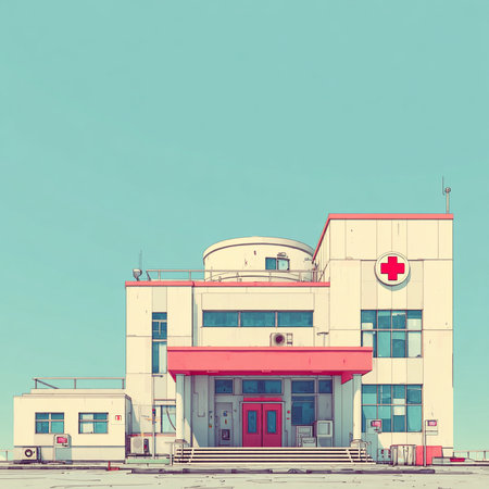 Vintage style illustration of a modern hospital building with a red crossの素材
