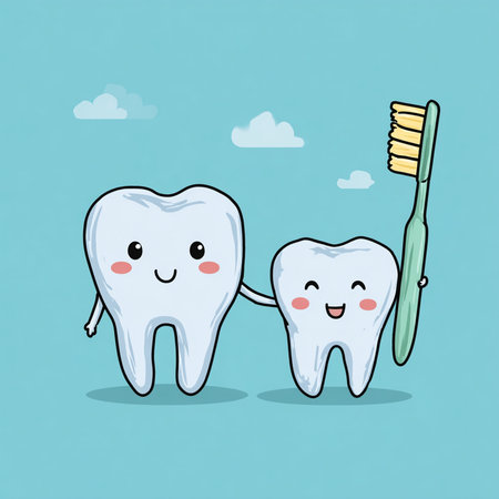 cute cartoon tooth with toothbrush and toothpaste on blue backgroundの素材