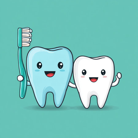 Cute cartoon tooth character with toothbrush. Dental care conceptの素材