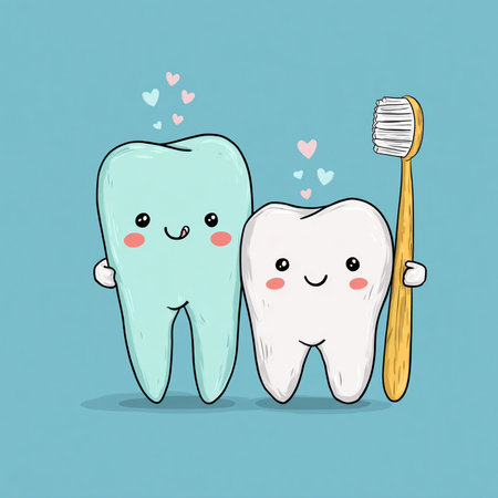 cute cartoon tooth with toothbrush and toothpaste on blue backgroundの素材