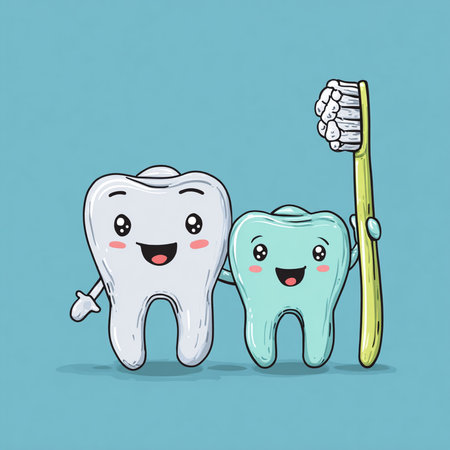 Cute cartoon tooth character with toothbrush and toothpaste. Vector illustration.の素材