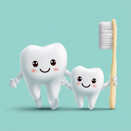 Tooth and toothbrush on a blue background. Vector illustration.の素材