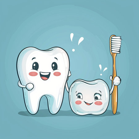 Cute cartoon tooth character with toothbrush and toothpaste. Vector illustration.の素材