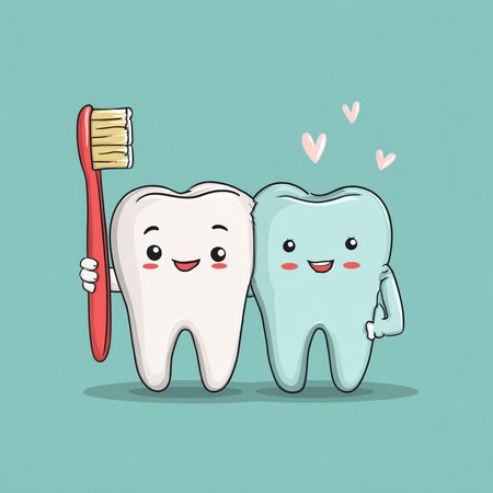 Tooth character with toothbrush. Cute cartoon vector illustration.の素材