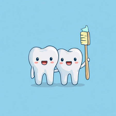 Cute cartoon tooth character with toothbrush isolated on blue background.の素材