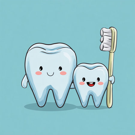 Cute cartoon tooth character with toothbrush on blue background. Vector illustration.の素材