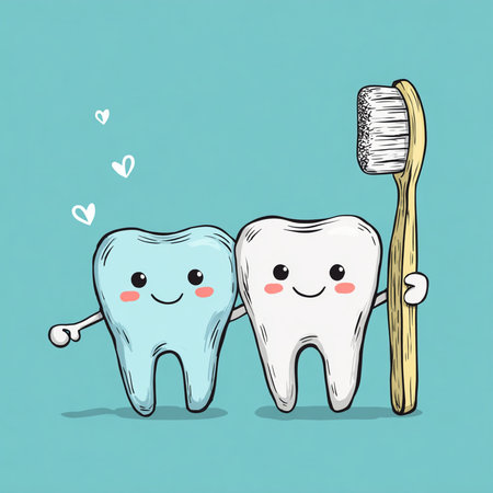 Tooth and toothbrush. Cute cartoon character. Vector illustration.の素材