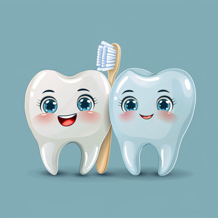Cute cartoon tooth character with toothbrush isolated on blue background. Vector illustration.の素材