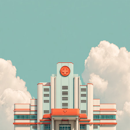 Hospital building on blue sky background. 3d illustration. Vintage styles.の素材