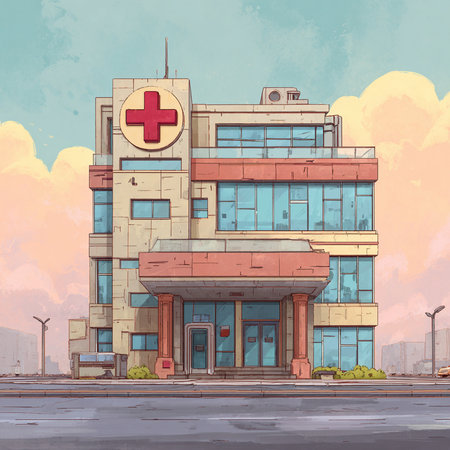 Vector illustration of a modern hospital building with a cross on the roof.の素材