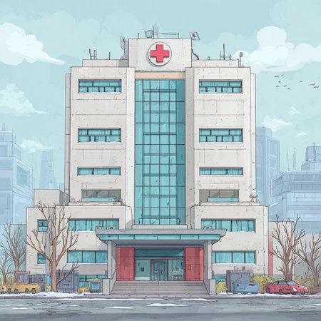 Modern hospital building on the street. Vector illustration in cartoon style.の素材