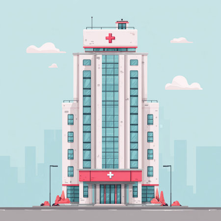 Modern hospital building on the street. Vector illustration in flat style.の素材