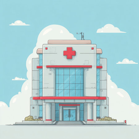 Vector illustration of a hospital building with a red cross on the roof.の素材