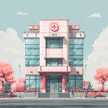 Hospital building with red cross on the facade. Vector illustration.の素材