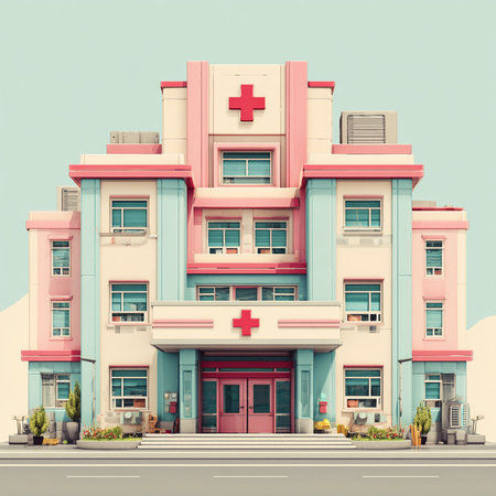 Hospital building in the city. 3d illustration. Vintage styles.の素材