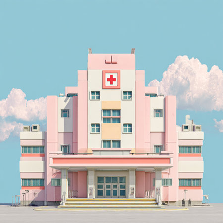 Hospital building in blue sky background. 3D illustrations. Vintage styles.の素材