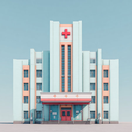 Modern hospital building on blue sky background. 3d render illustration.の素材