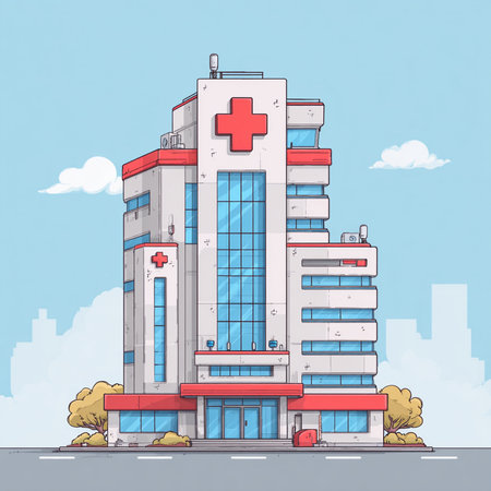 Modern hospital building with medical cross and ambulance. Vector illustration in flat styleの素材