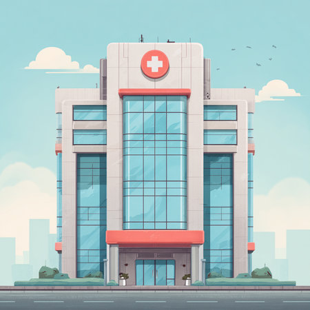 Modern hospital building with medical cross on the facade. Vector illustration.の素材