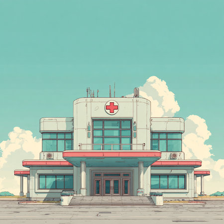 Illustration of a hospital building on a background of blue sky.の素材